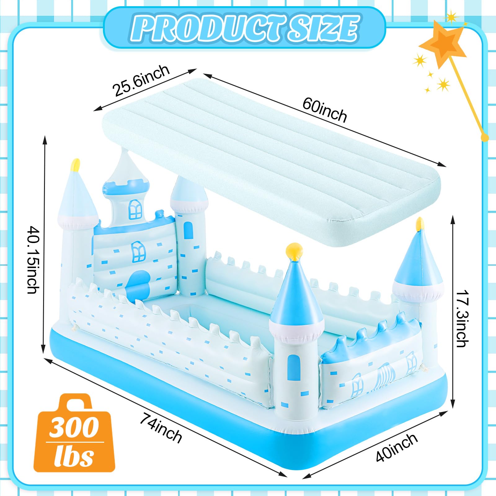 Relaxgiant Blue Castle Inflatable Kids Bed, Toddler Travel Bed with Safety Bumper and Air Mattress Portable Air Mattress with Pump for Vacation Hotel Home Sleepover Kids Birthday Gift