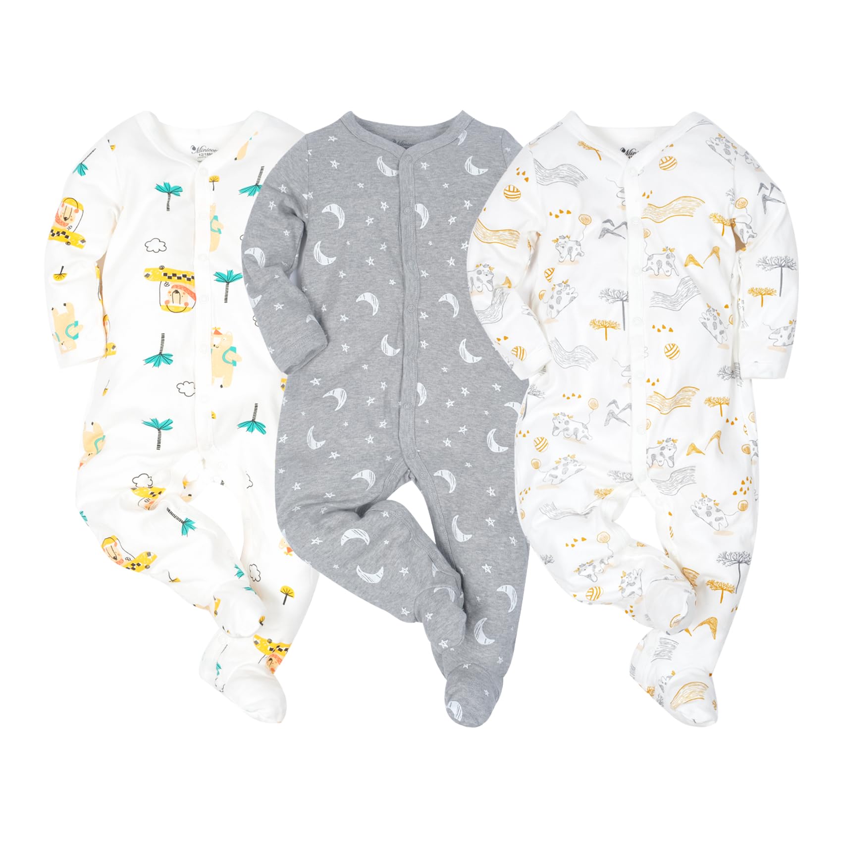 Minicoco Baby Boys Girls Cotton Footies Multi Pack Long Sleeve Baby Footed One-Piece Jumpsuit Multi Pack