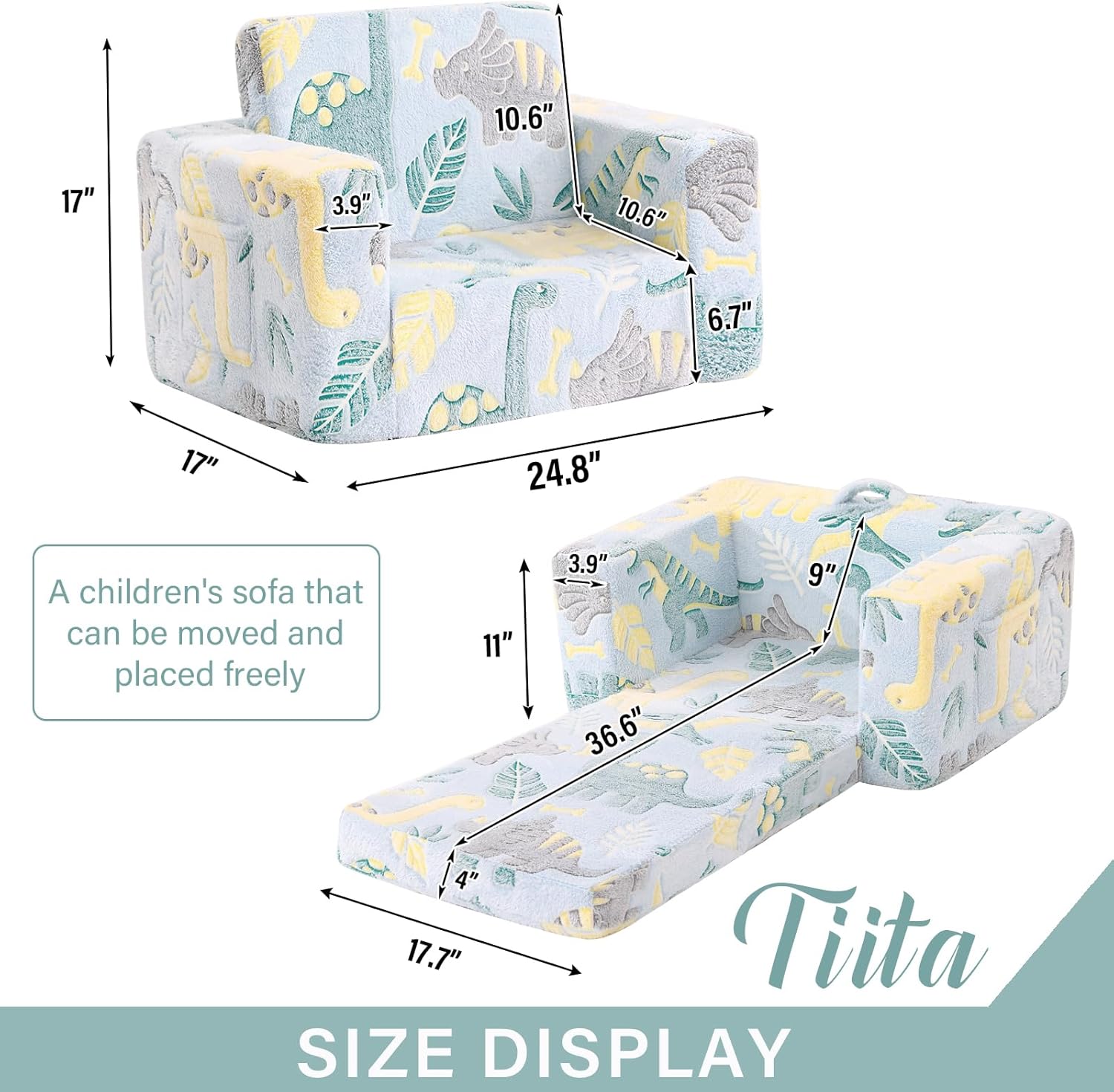 Tiita Kids Sofa, 2-in-1 Kids Sofa Chair, Convertible Children Couch to Lounger, Flip Out Kids Sofa Chair, Glow in The Dark Toddler Armrest Chair Bed for Girl or Boy (Grey Dinosaur) - Image 3