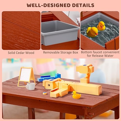 Miniatura 3 de Mesa de picnic para niños con paraguas, juego de mesa y banco de madera al aire libre con cojines y 2 cajas extraíbles, 4 en 1, muebles de