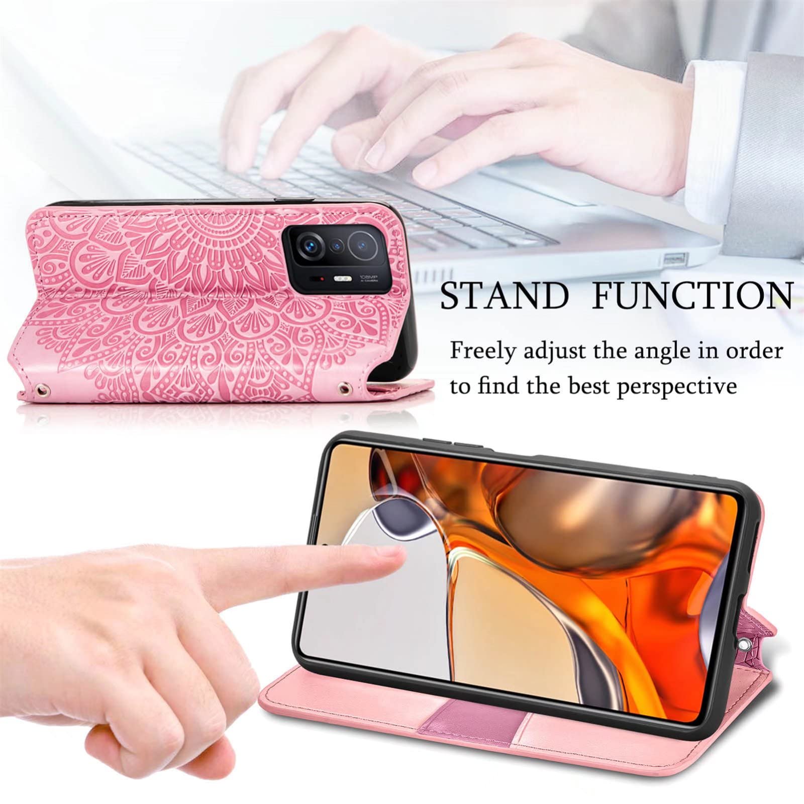 Custodia Portafoglio Con Fiori In Rilievo Per Xiaomi Poco X5 Pro 5G, Cover Con Slot Carte E Supporto, Magnetica, Oro - 2