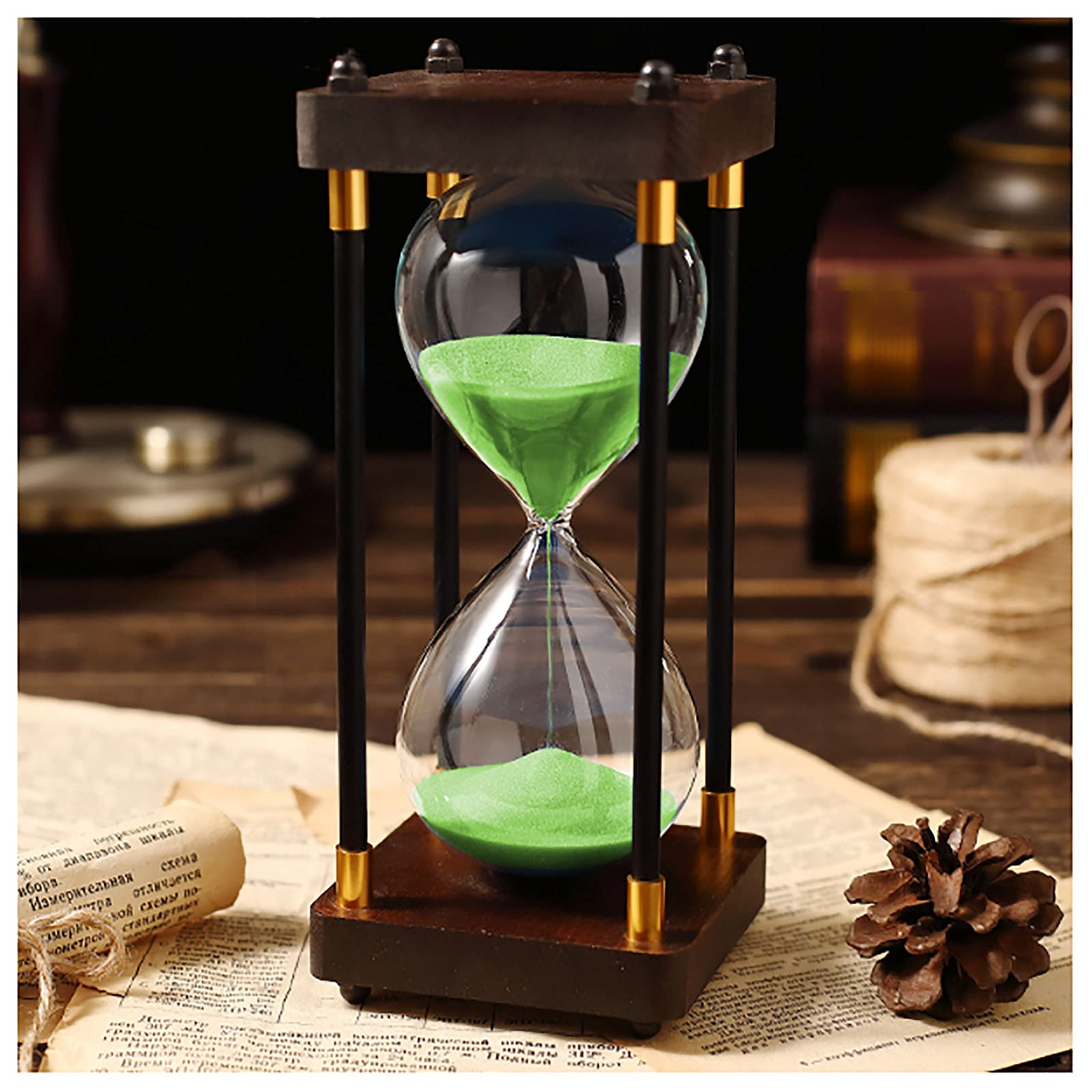 Reloj de Arena, Reloj de Arena Cristal 30/60 Minutos con Temporizador, Adorno Marco Madera, Reloj Colorido y Moderno(Green,60 Minutes)