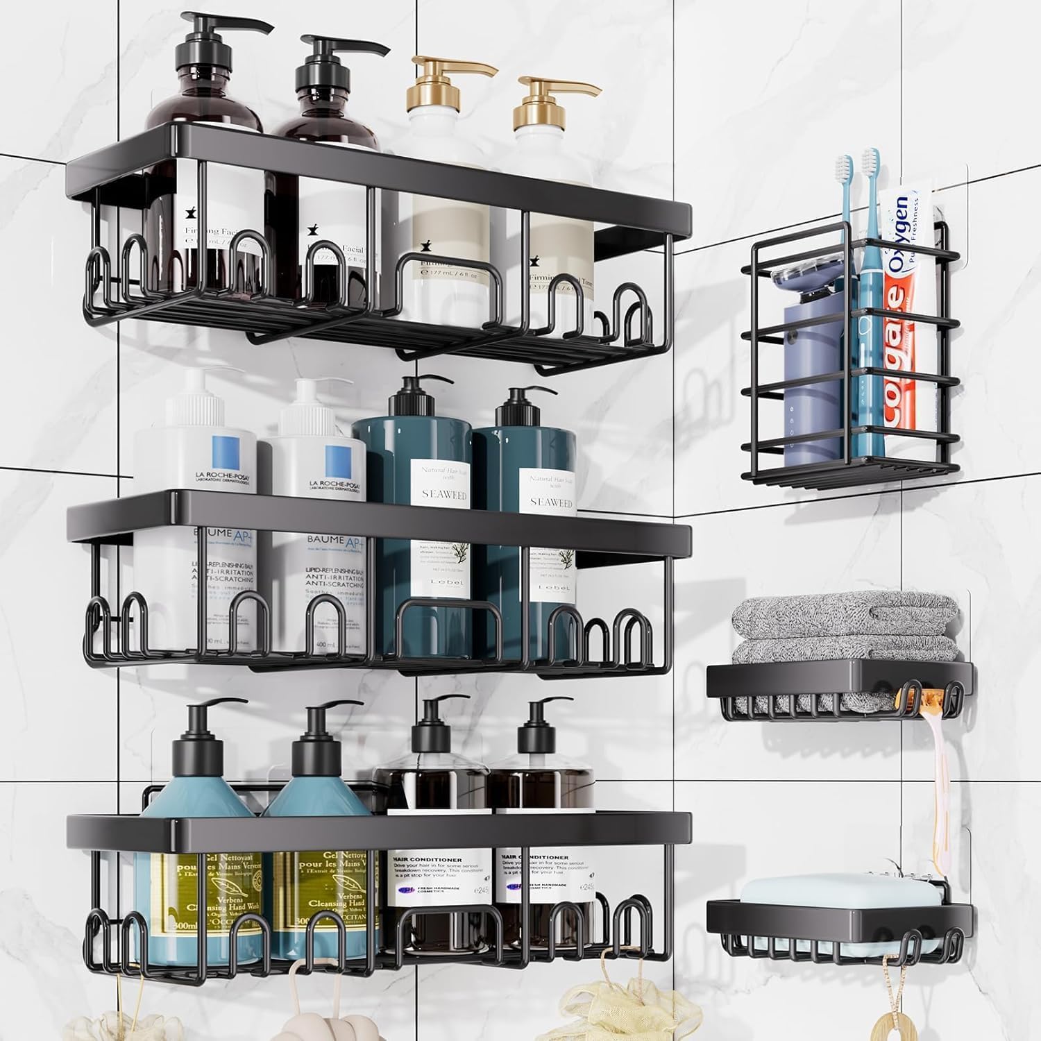 JD FRESH 6 in 1 Self Adhesive Organizer Combo/Stand for Bathroom Without Drill/Racks and Shelves for Wall/Soap Holder with Tooth Brush Holder/Bathroom Accessories - (Black, 6pc)-image-4