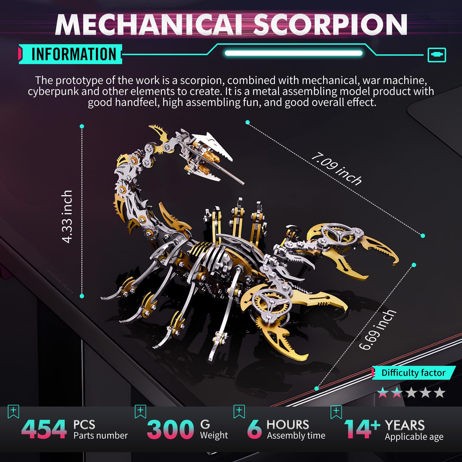 Kits de Puzzles 3D Metal Scorpion pour Adultes Adolescents Modèles d'assemblage mécanique Construire idéal pour Les Cadeaux et Les décorations, 454 PCS(Or)