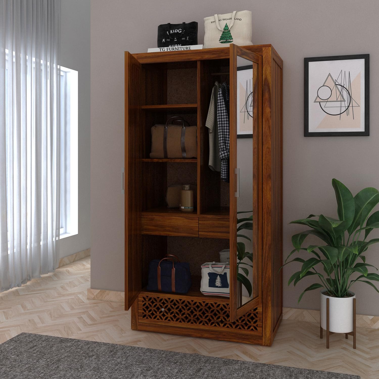 T.G. Furniture Sheesham Wood Jodhpur Wardrobe with 2 Door Storage and Mirror for Bedroom Living Room Home Almirah for Clothes Wooden Furniture (Natural Finish)-image-38