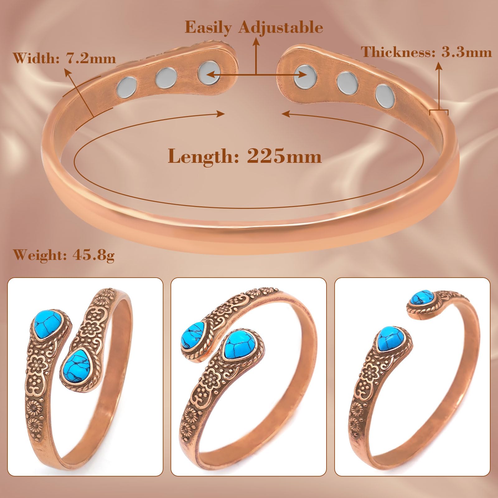 Barrette magnétique en cuivre pour femme - Bracelet magnétique avec 6 aimants puissants - Fleur vintage - Bracelet en cuivre avec 2 turquoise