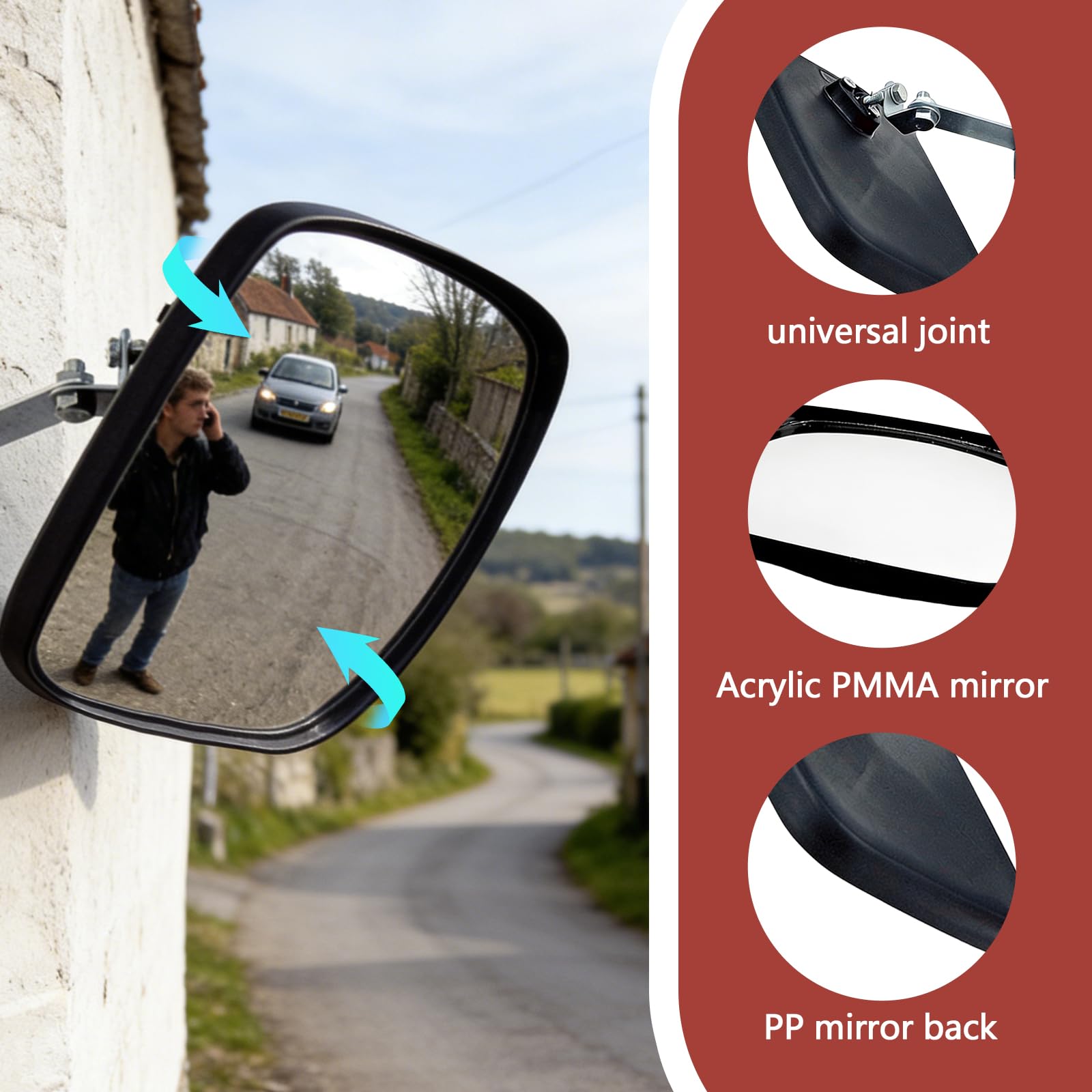 Miroir de circulation convexe - 20 x 24 cm - Miroir de sécurité pour allées - Miroir de surveillance - Sécurité routière - Grand angle réglable - Pour garage, entrée, parc, magasins, intérieur et