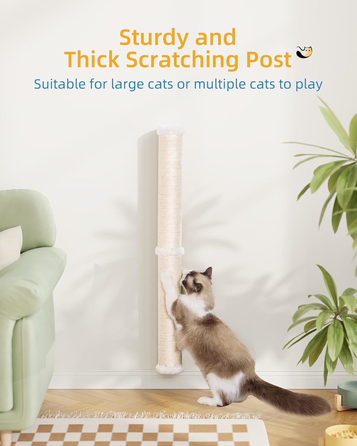 Aechonow 34'' Wall Cat Scratching Post, Wall Mounted Cat Scratcher for Indoor Cats, Tall Sisal Pole for Large Adult Cat Pet Climb Stretch Walk