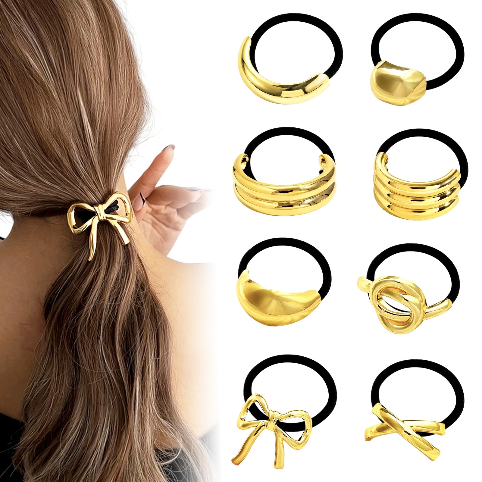 8Pcs Gold Hair Cuffs for Ponytails Hair Ties Fashion Glossy Hair Cuffs Metal Hair Tie Ponytail Cuff Elastic Hair Ties for Women Long Hair Ponytail Holder Gold Hair Accessories