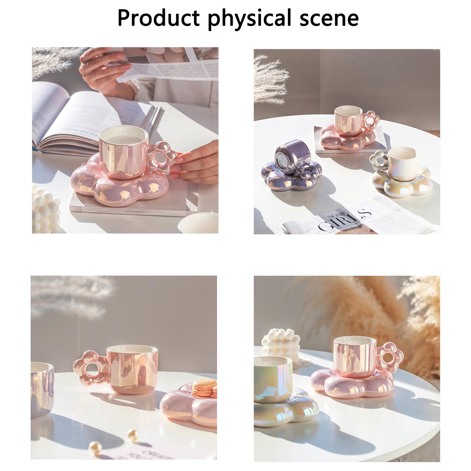 ACGrade Ceramic Flower Coffee Cup and Saucer Set, 300ml, Modern Floral Design, Dishwasher Safe, Perfect for Gifts and Occasions