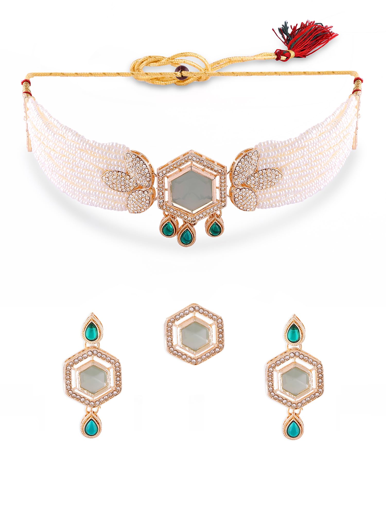 ZAVERI PEARLS Green Stones Multistrand Beaded Austrian Diamonds Choker Necklace Earring & Ring Set For Women-ZPFK17797 (B0D1KM7WHS) Amazon Price History, Amazon Price Tracker