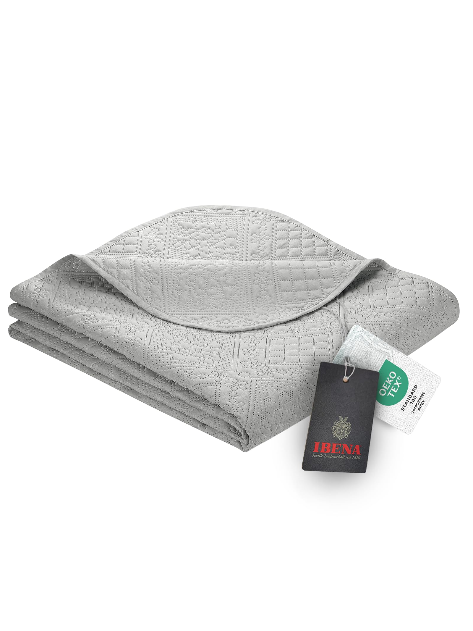 Ibena Nancy Tagesdecke 220x250 cm – hellgrau, Ornamentemuster