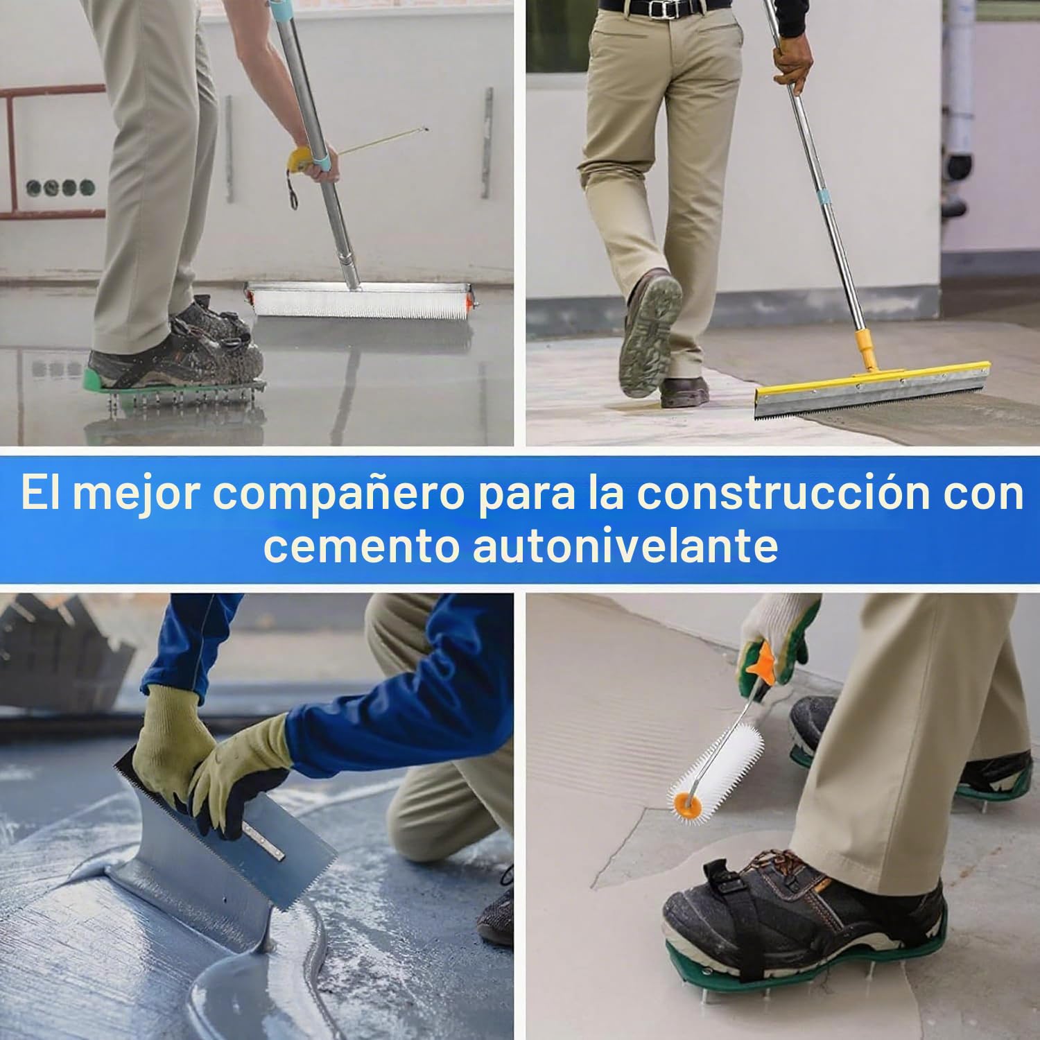 Kit Completo de Herramientas para Cemento Autonivelante con Rodillo de Púas Autonivelante, Rascador de Acero Inoxidable, Rastrillo, Palo Telescópico y Rodilleras