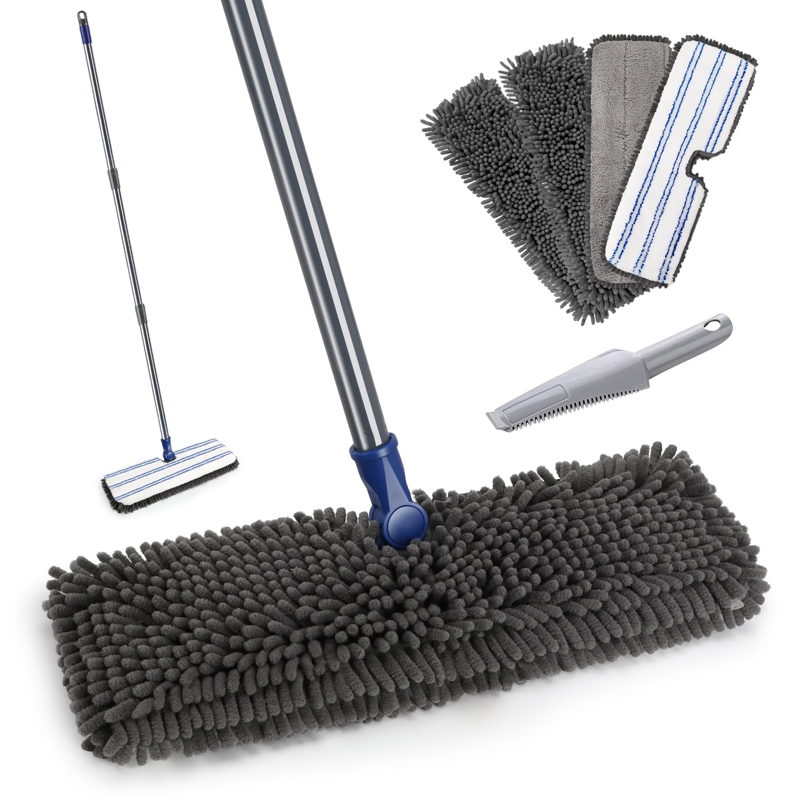 Microfiber Mops for Floor Cleaning, Masthome Dust Mop with 4 Washable Pads, 2-SidedMicrofiber Flip Mop for Wet & Dry Use, Flat Floor Mops for Hardwood, Laminate, Vinyl,Kitchen, Tile -1 Scraper