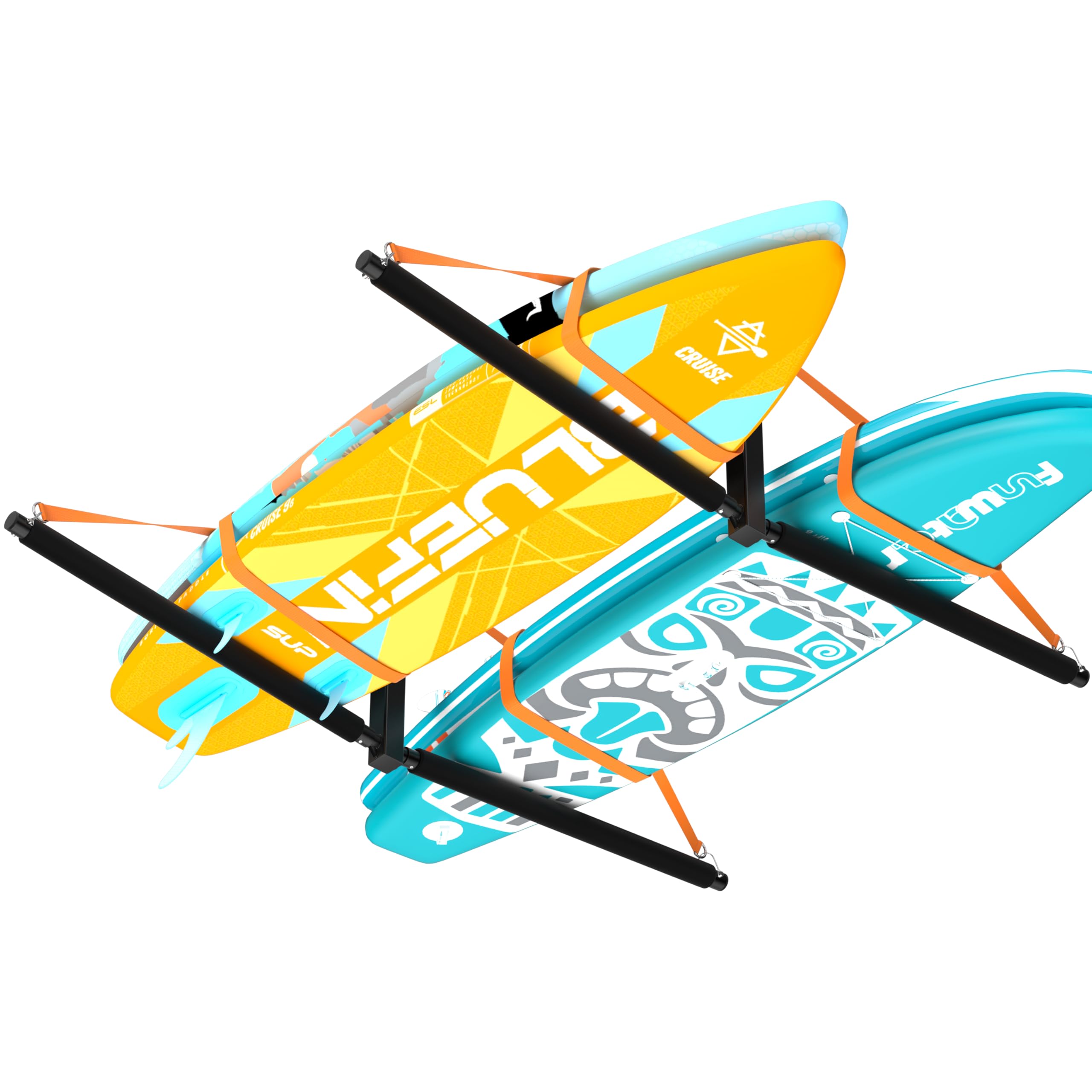 Double Paddleboard/Surfboard Ceiling Storage Rack, Adjustable Overhead Garage Hanger with Fix Straps for Snowboard, Kayak, or Ladder, Holds 200 lbs, Black