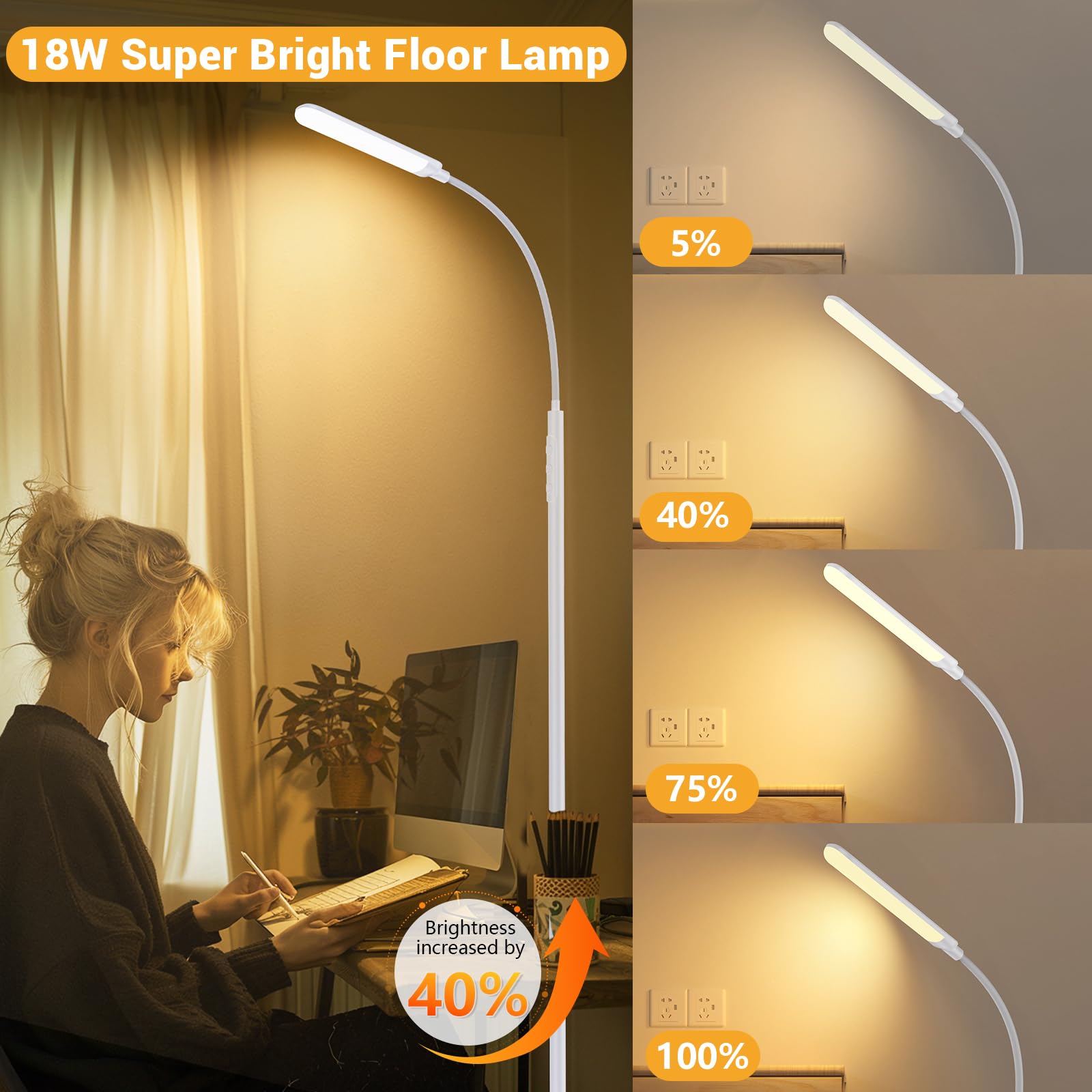 Lampadaire LED Dimmable 18W 1200lm avec Télécommande et Contrôle Tactile 4 Températures 4 Luminosités Blanc