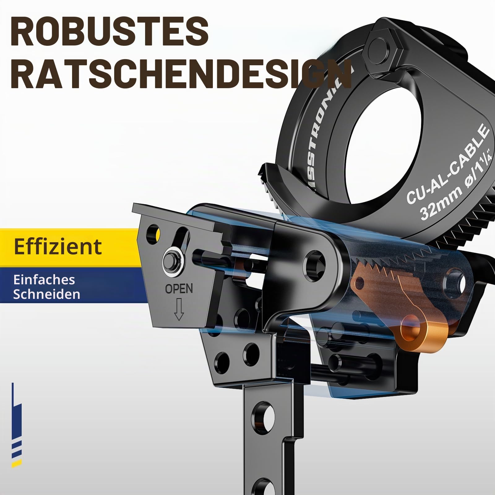 haisstronica Kabelschere, Ratschen-Kabelschneider, Hochleistungs-Drahtschneider zum Schneiden von Kupfer-Aluminium-Kabeln bis zu 500 Kcmil