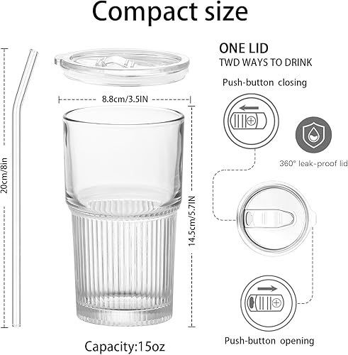 Miniatura 2 de Luiaiog Vasos de vidrio de 24 onzas con tapas y popotes, juego de 2 vasos reutilizables sin BPA con citas de amistad, juego de tazas de café de