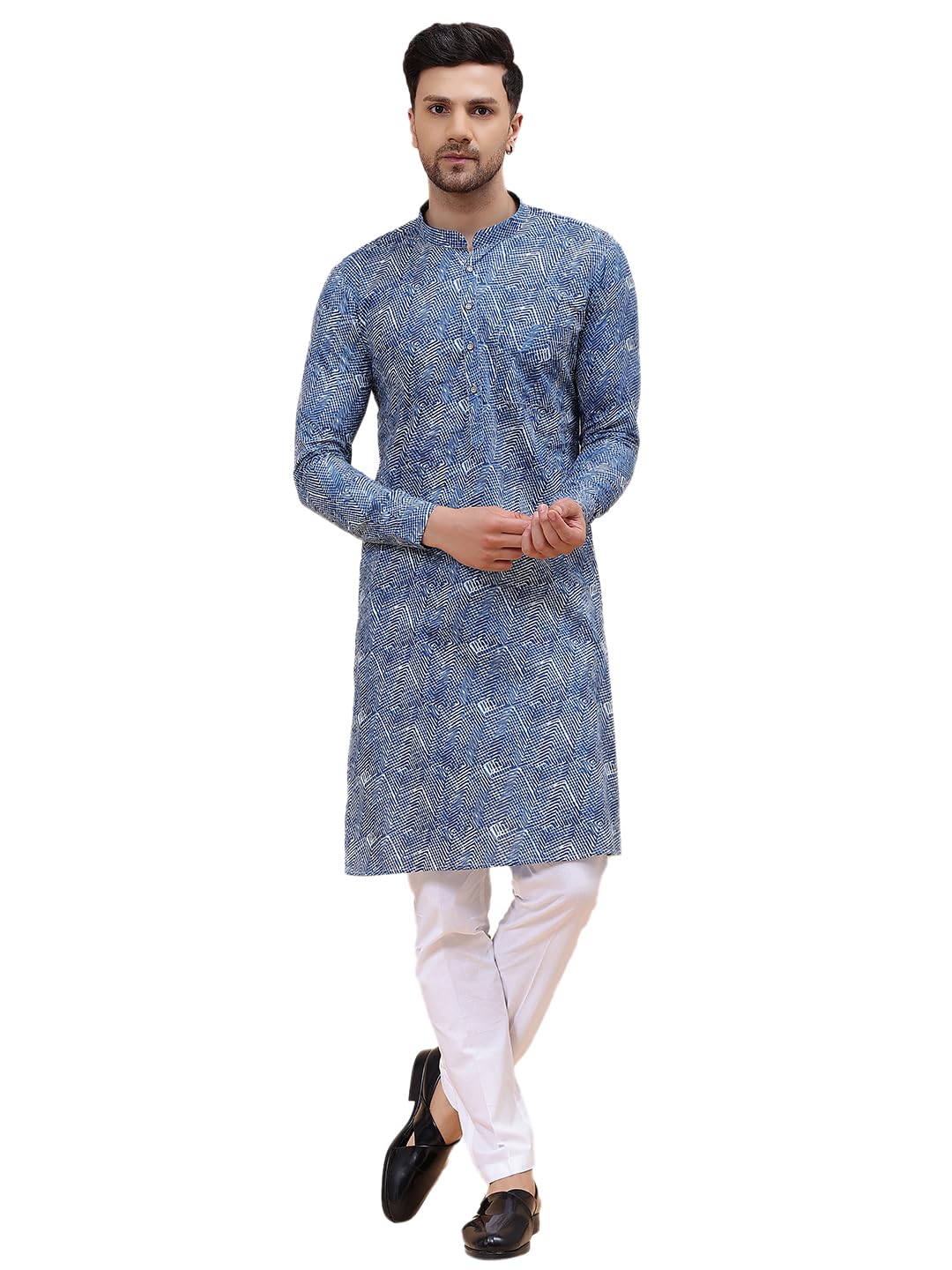 Men Mandarin Collar Silver & Black Pure Cotton Printed Staright Full Sleeve Kurta With Pajama-image-45