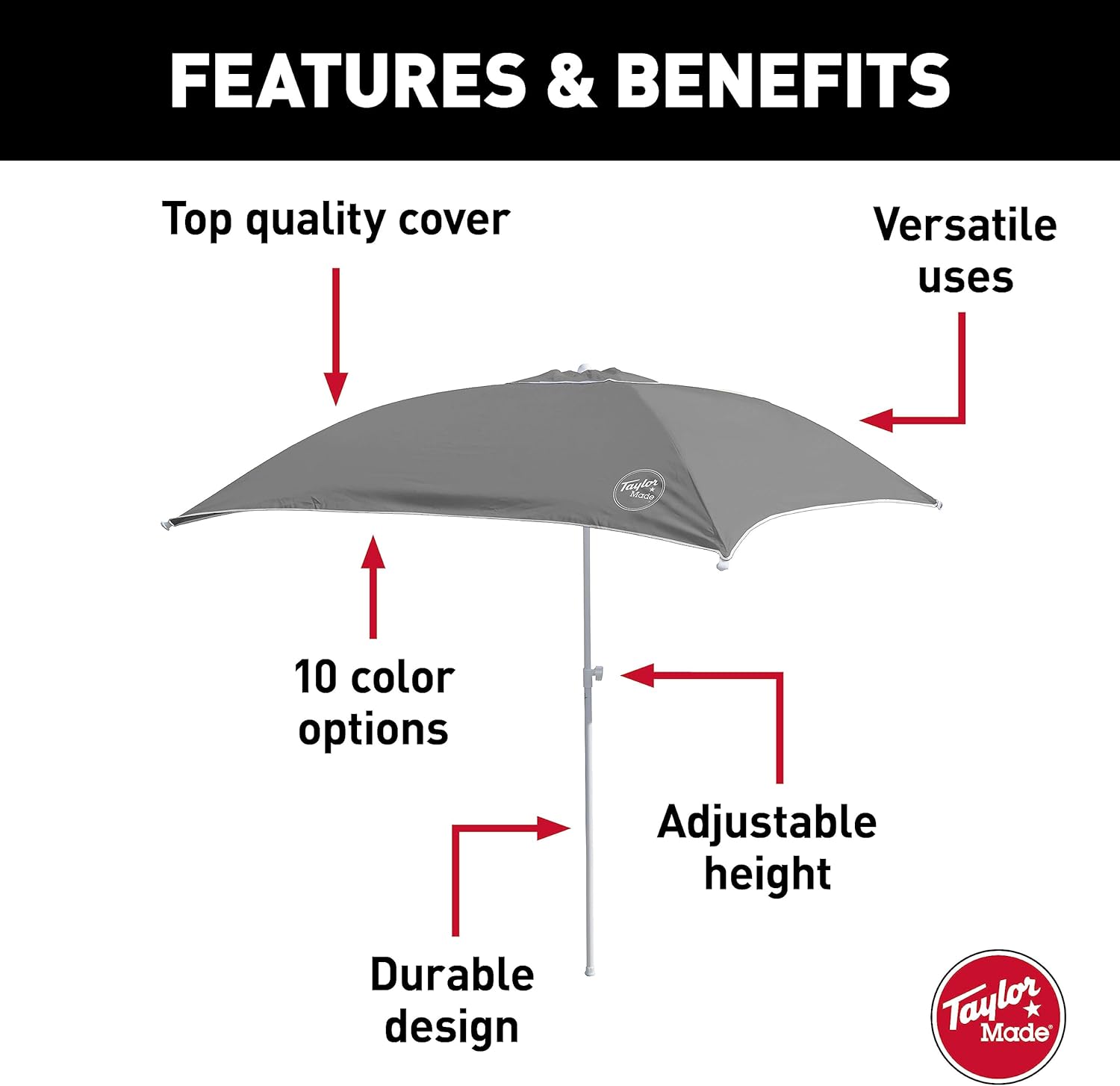 Taylor Made Anchorshade III Boat Shade, Grey, 6' x 6', Adjustable Aluminum Pole to 8 Feet, UV-Treated Fade-Resistant Nylon, Market-Style Top, Carrying Case, Fits Most Boats and Benches – 22057