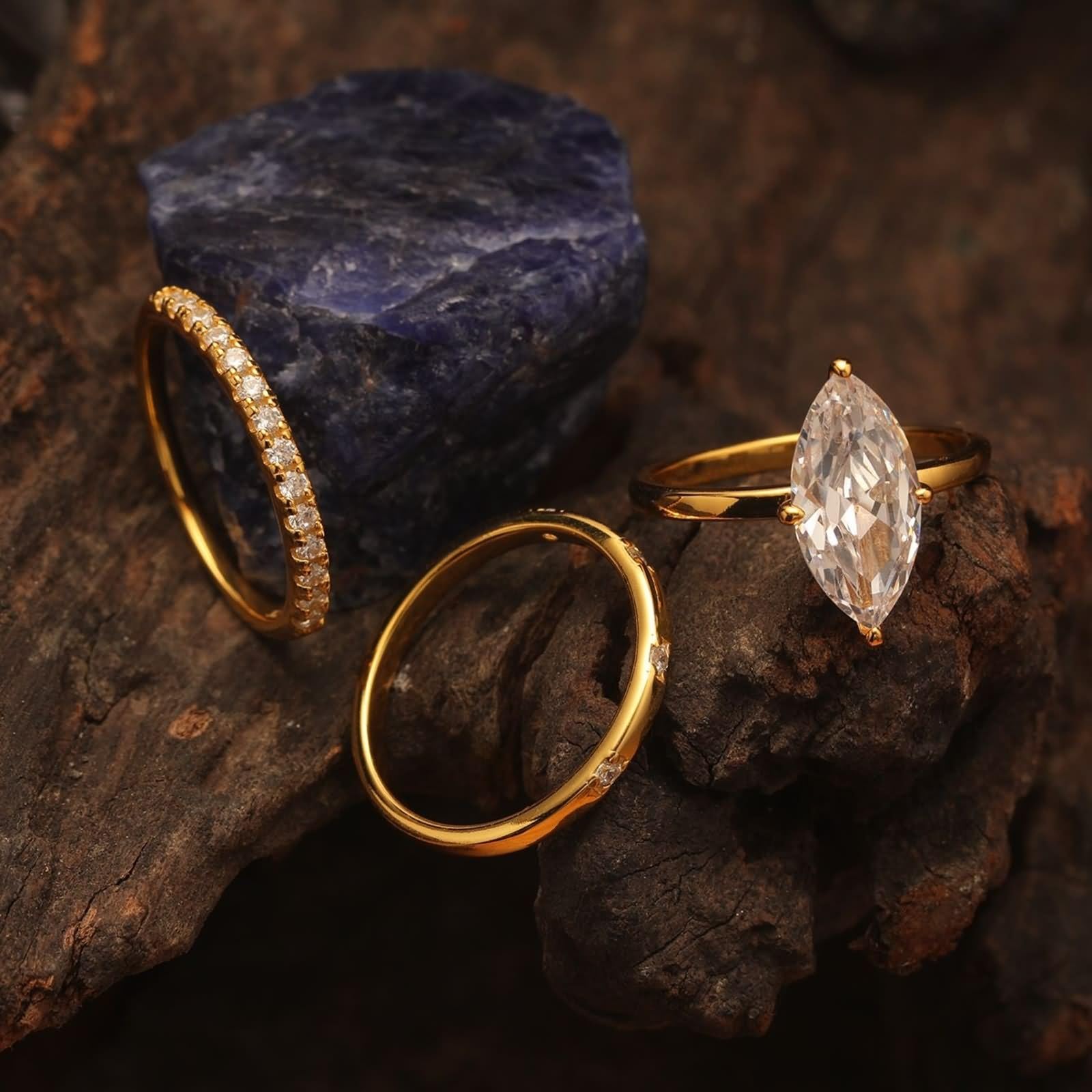 Anello di fidanzamento da donna, set di 3 anelli con taglio marchese 3 carati moissanite oro giallo 14 carati, misura 60 (19,1)