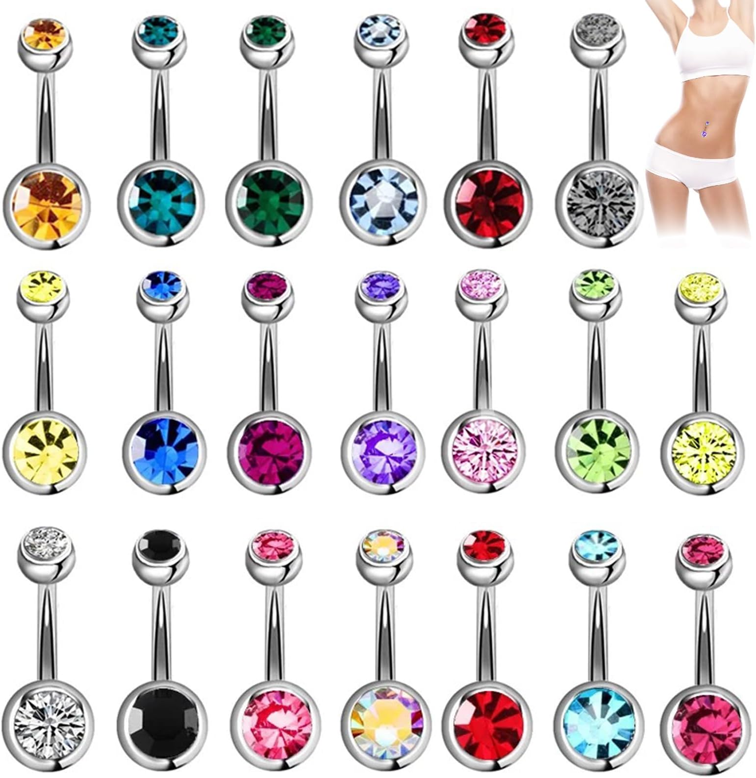 Stainless Steel Belly Rings - 20 PCS Navel Piercing Jewelry Hoops, Body Piercing Bars, Belly Button Rings