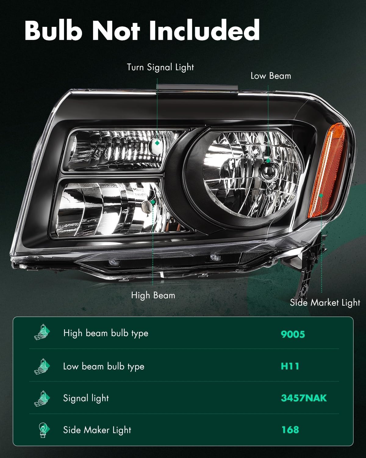 SCITOO Headlight Assembly Fit 2012-2015 for Honda Pilot Pair Headlamps Black Housing Amber Reflector 33150SZAA11