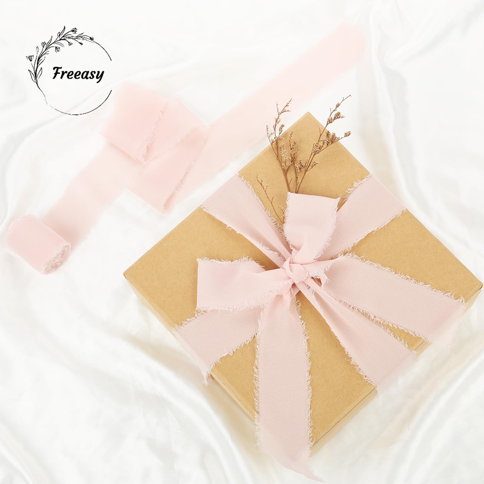 Nude Pink Chiffon Ribbon 3 Rolls 1.5 inch X 5 Yard Light Pink Handmade Fringe Silk Ribbon Set for Gift Wrapping Wedding Invitations - Image 2