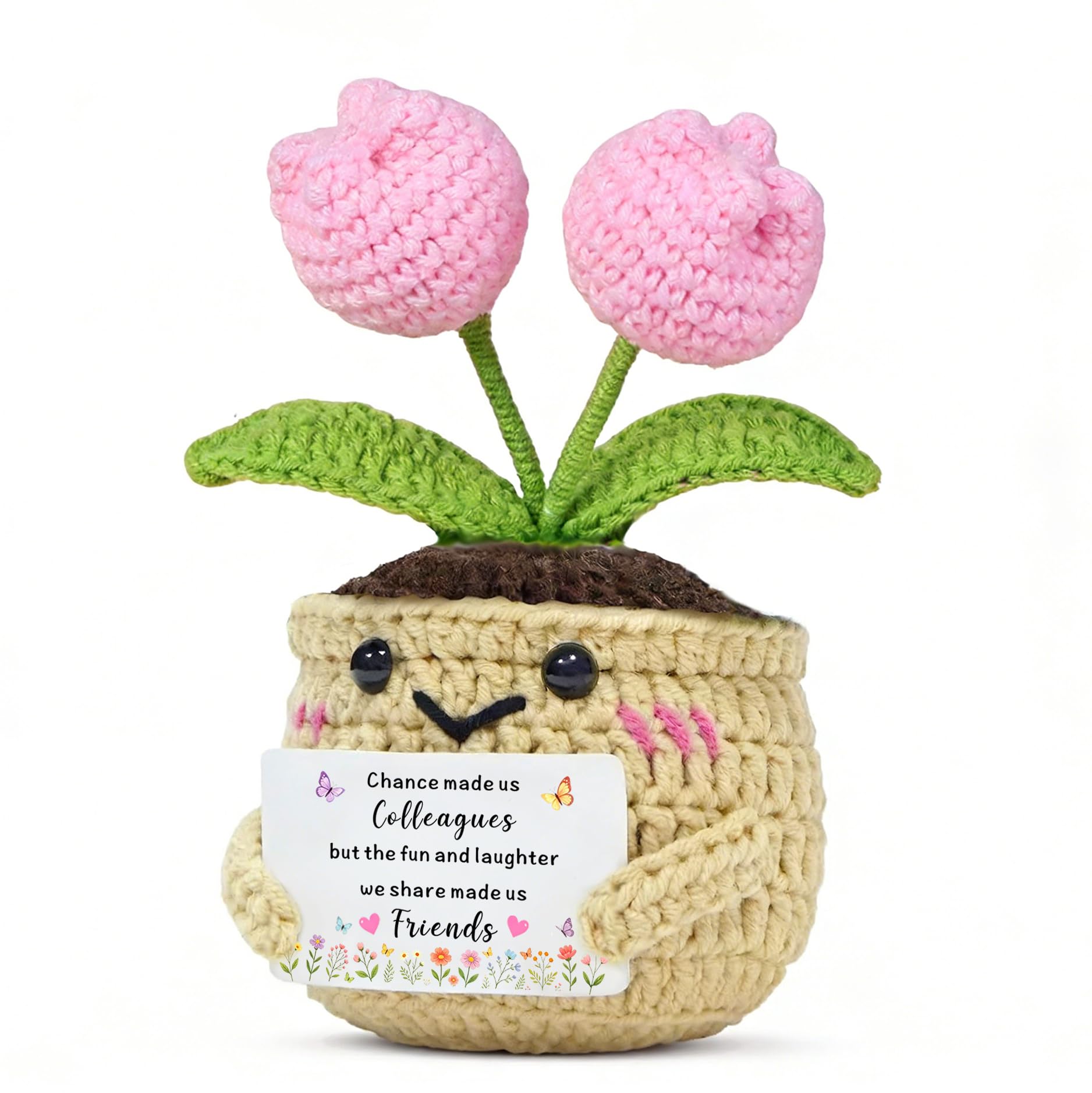HULALA Leaving Gifts for Colleagues Women Coworker Goodbye Farewell Handmade Crochet Pink Tulip Flower With Card Decoration Ornament Presents