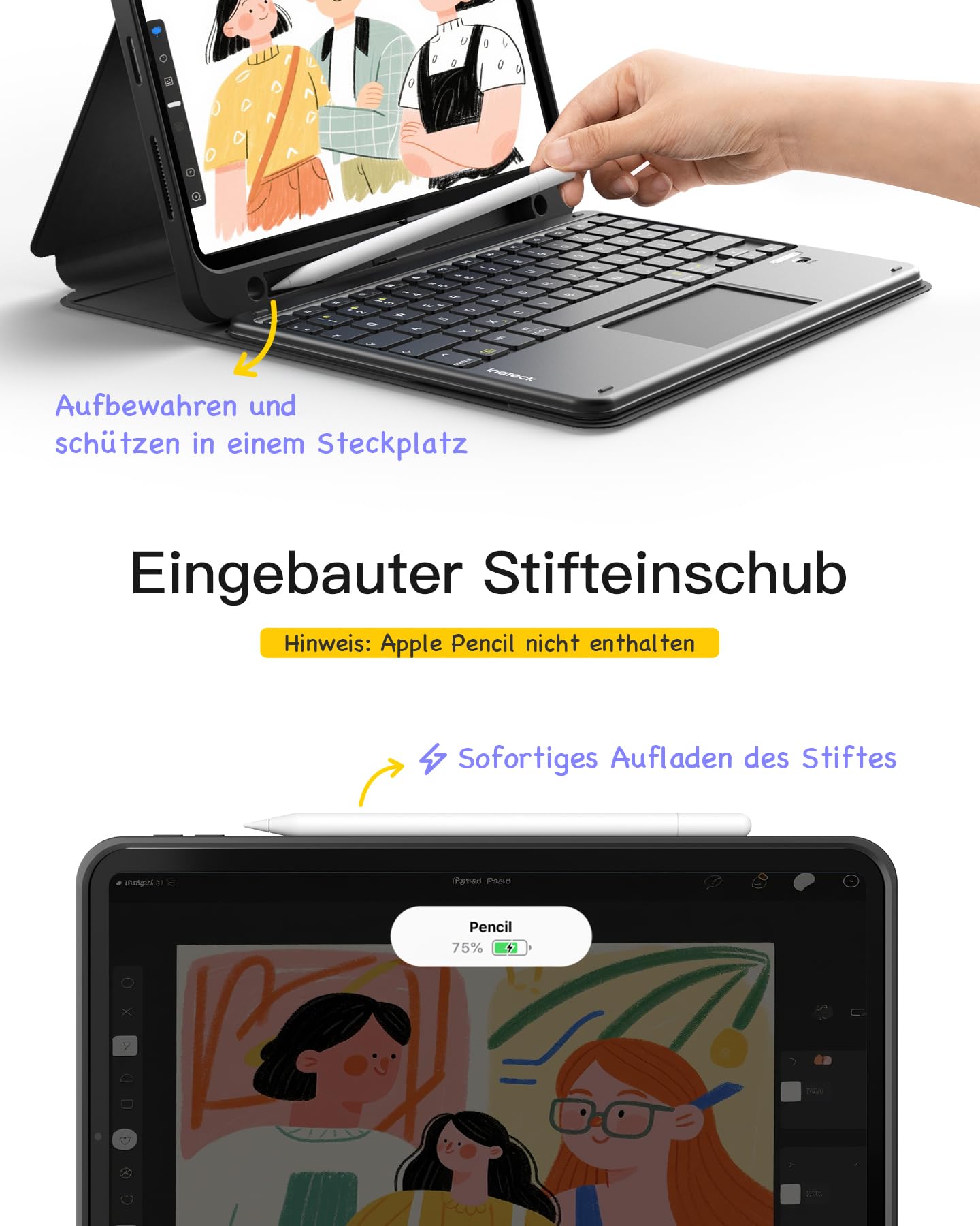 Inateck iPad 11 Hülle mit Tastatur(A16 2025), iPad 10 Gen. Hülle mit Tastatur,für iPad Air 11" M4/ M3/M2 (2026/2025/2024),Air 5/4, Pro 11,mit Touchpad und Stifthalter, Abnehmbar,QWERTZ,Classic N0001