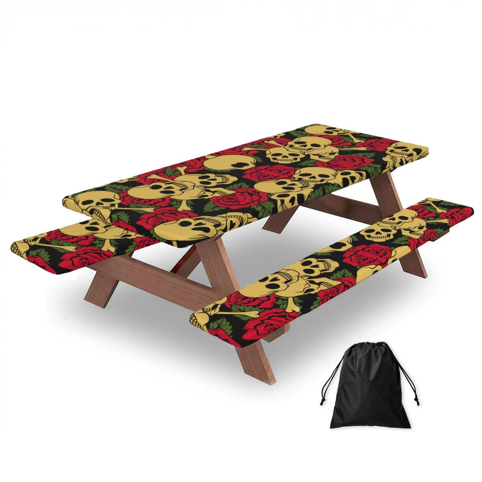 Zyjhyy Black Rose And Skull Print Party Table Covers With Bench Covers Set Of 3 Picnic Table Cloth Wipe Clean For Garden Camping
