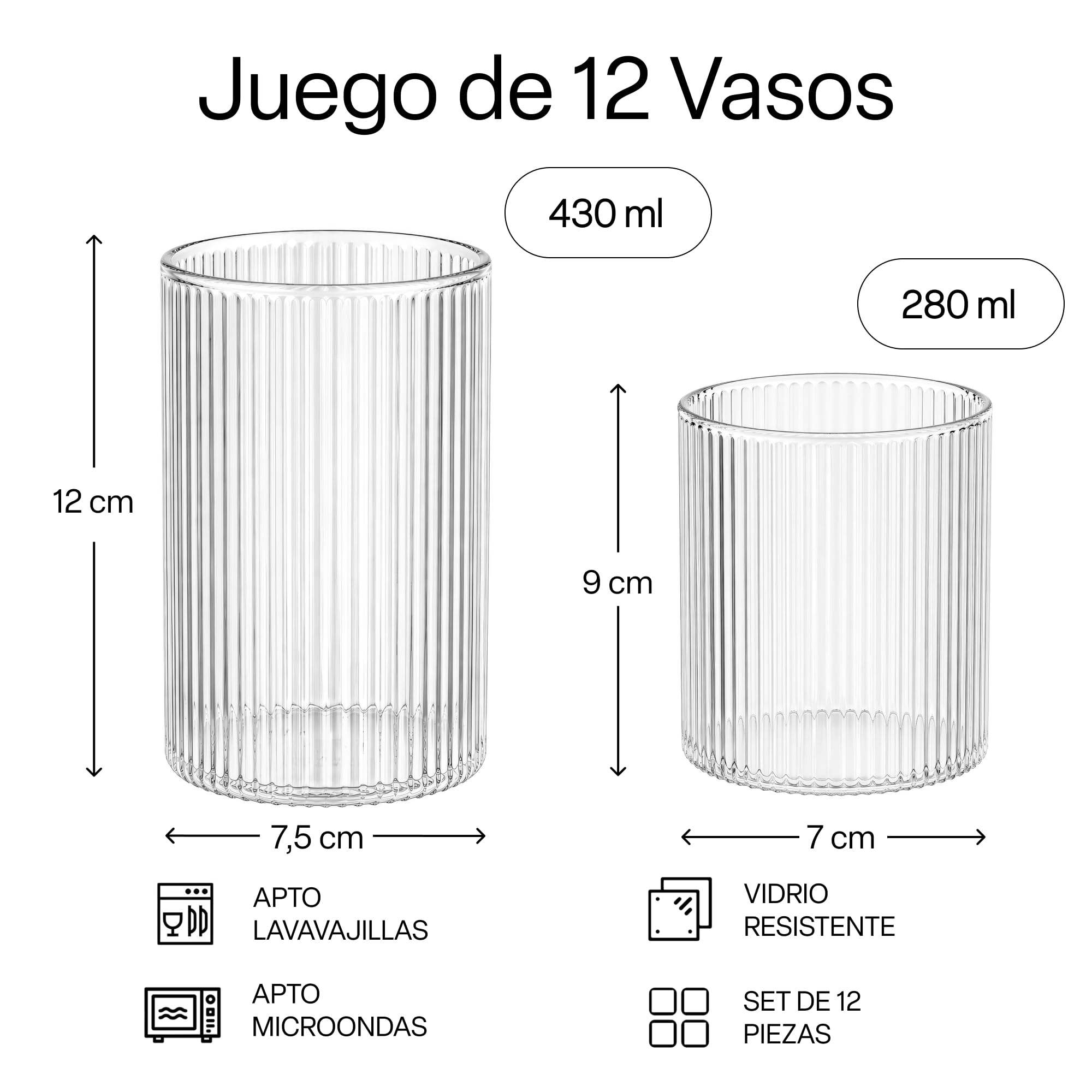 MIAMIO - Set de 12 vasos de agua de vidrio - Senita (280 ml) diario | Vasos de vidrio para agua, zumo, matcha y cócteles, set de 12 para el uso diario en casa - aptos para lavavajillas