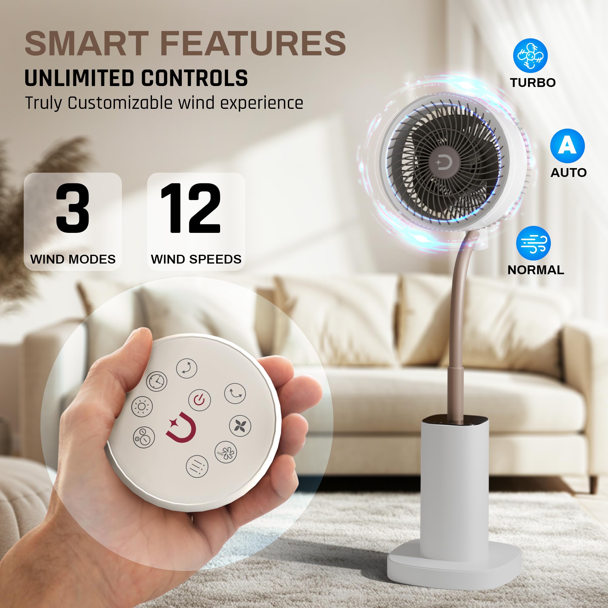 DOMESTICA Breezo 3D Air Circulation Tower Fan For Room With Mood Lamp, Touch & Remote Control | Silent BLDC Standing Fan With Height Adjustable,120˚Horizontal & 90˚Vertical Oscillation (White) 2