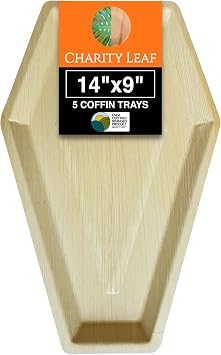Charity Leaf Disposable Palm Leaf 14"x9" Coffin Trays 5 Pieces Bamboo Like Serving Platters, Disposable Boards, Eco-Friendly Dinnerware for Halloween, Weddings, Catering, Events