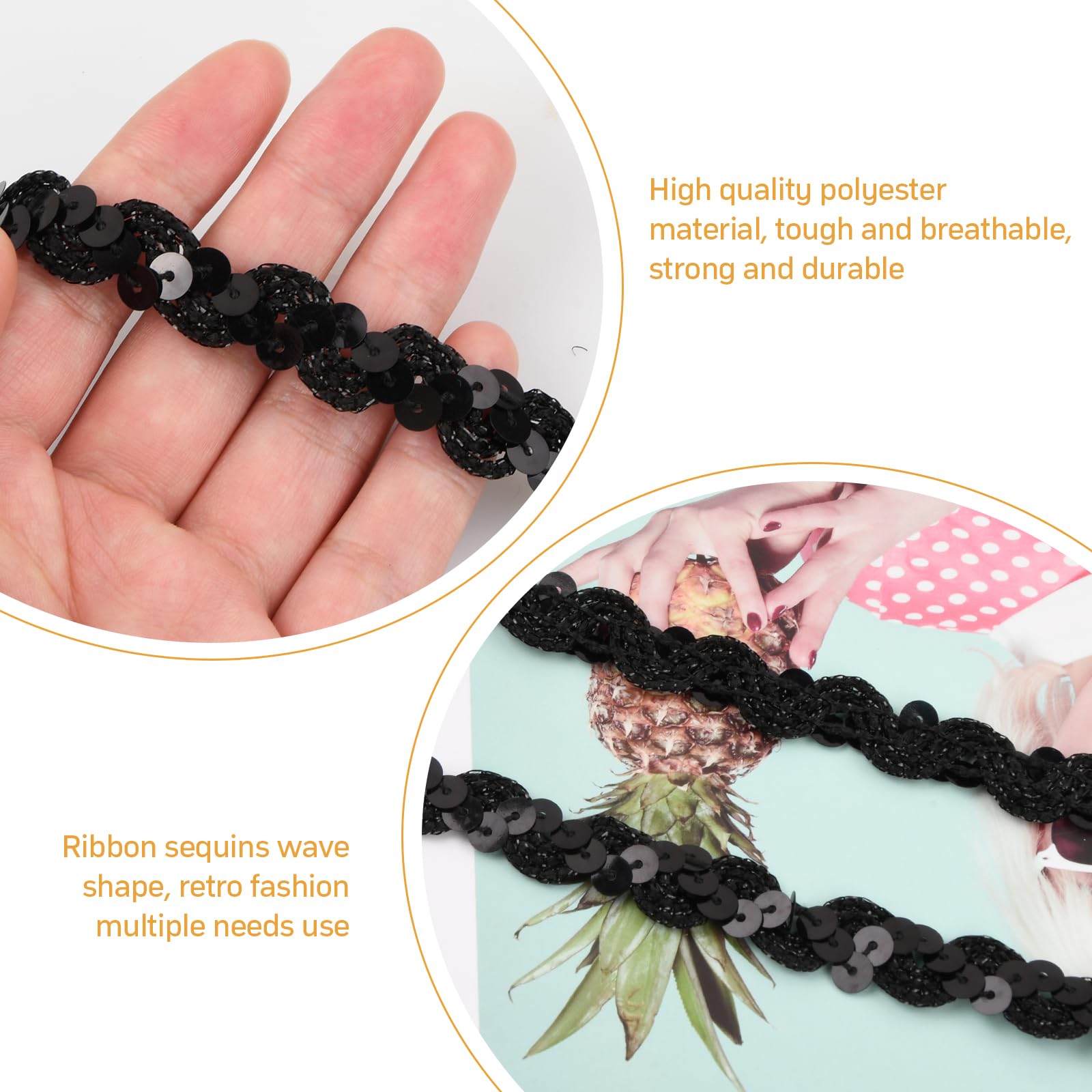 Nastro Paillettes Nero - Rotolo 13m, Larghezza 1.4cm Per Decorazioni E Cucito