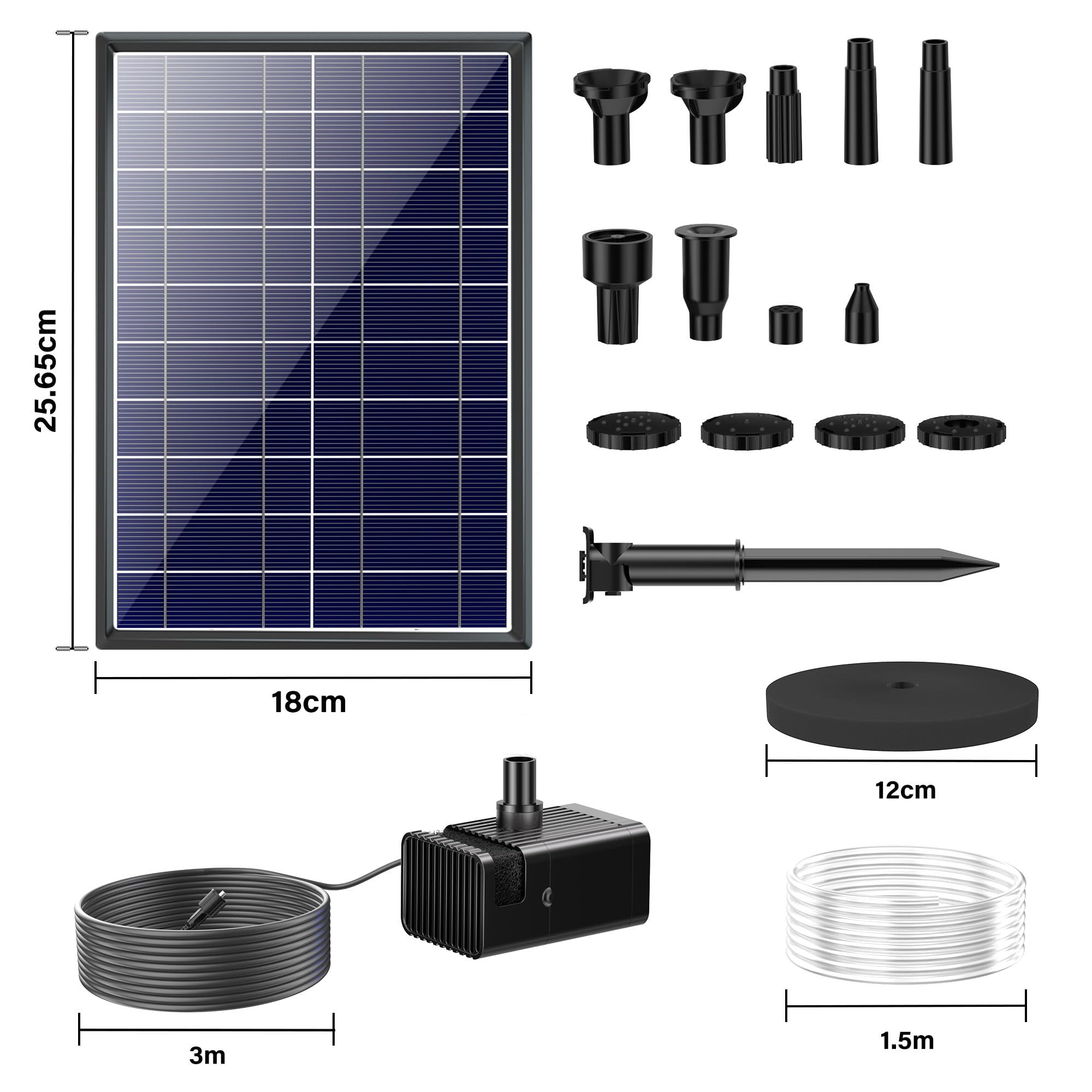 Pompa solare per laghetto Biling da 7,5 W con filtro, 300 l/h con tubo flessibile da 1,5 m, cavo da 3 m, 10 ugelli per laghetto da giardino fai da te, vasca per uccelli, fontana solare, gioco d'acqua