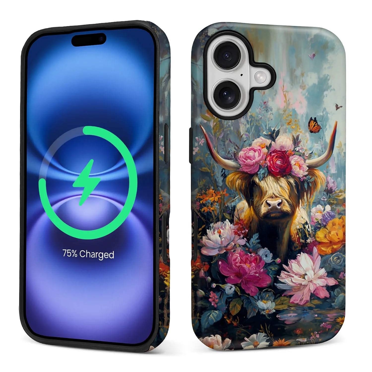 CARLOCA Custodia protettiva lucida per iPhone 17 compatibile con Magsafe Full Body per ragazza ragazzo antiurto ricarica magnetica motivo arte rococò colorata mucca delle Highland fiori farfalla