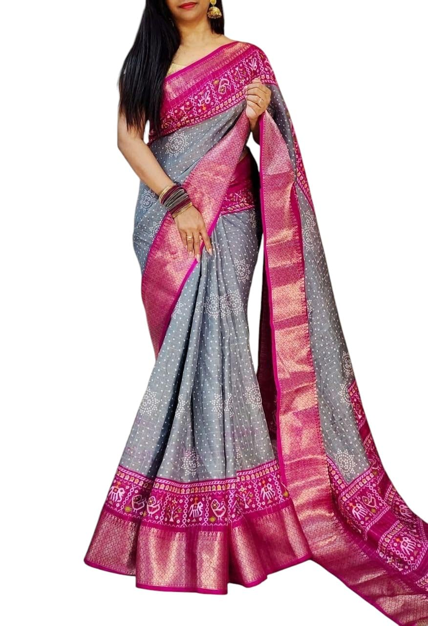 vasttram Women's kanchipuram Banarasi kanjivaram Cotton Dola creap Silk Badhani patola style Saree With Blouse Piece-picture-19