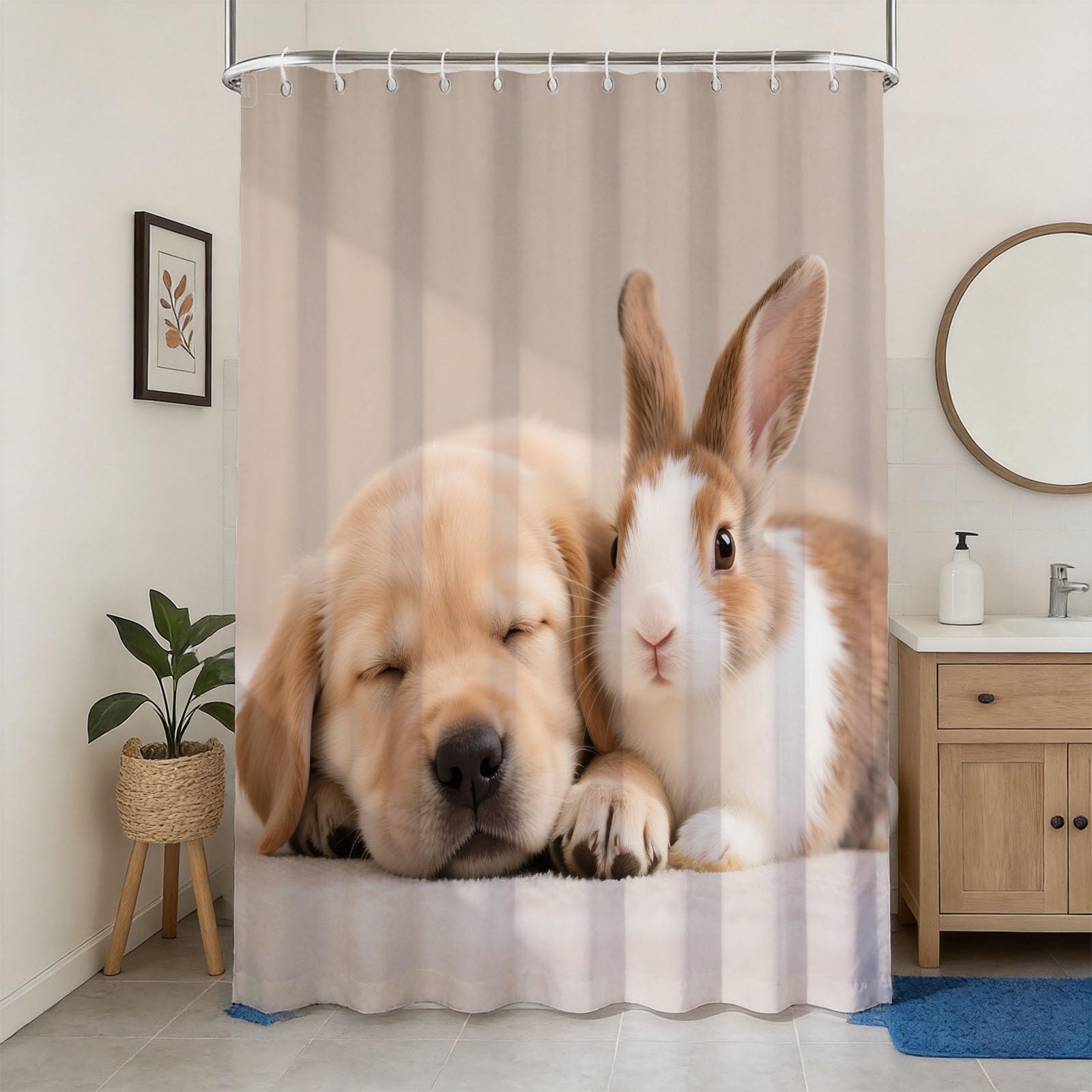 Hongduo 3D Dog & Rabbit Shower Curtain for Stalls Bathtubs Animal Print Bathroom Decor Shower Curtain Set Polyester Fabric Waterproof 120x180cm/48X71 Inch with Hooks