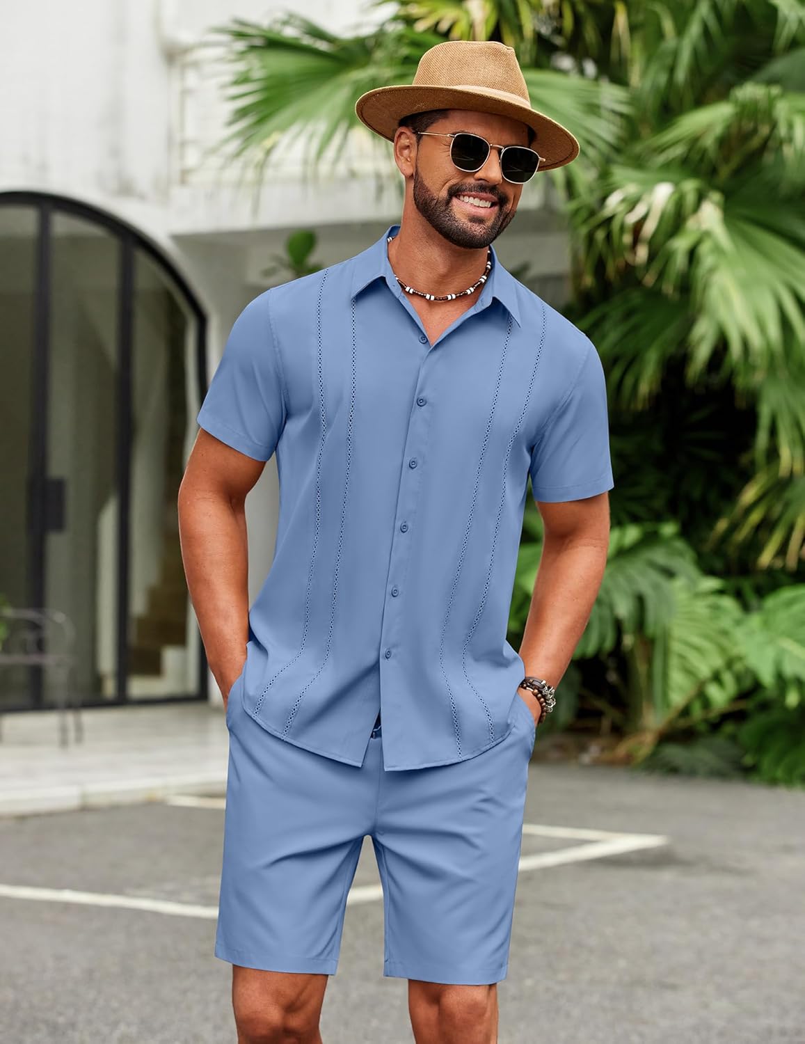 COOFANDY Men's 2 Piece Outfits Cuban Guayabera Short Sleeve Shirts and Shorts Summer Beach Vacation Sets for Men - Image 2