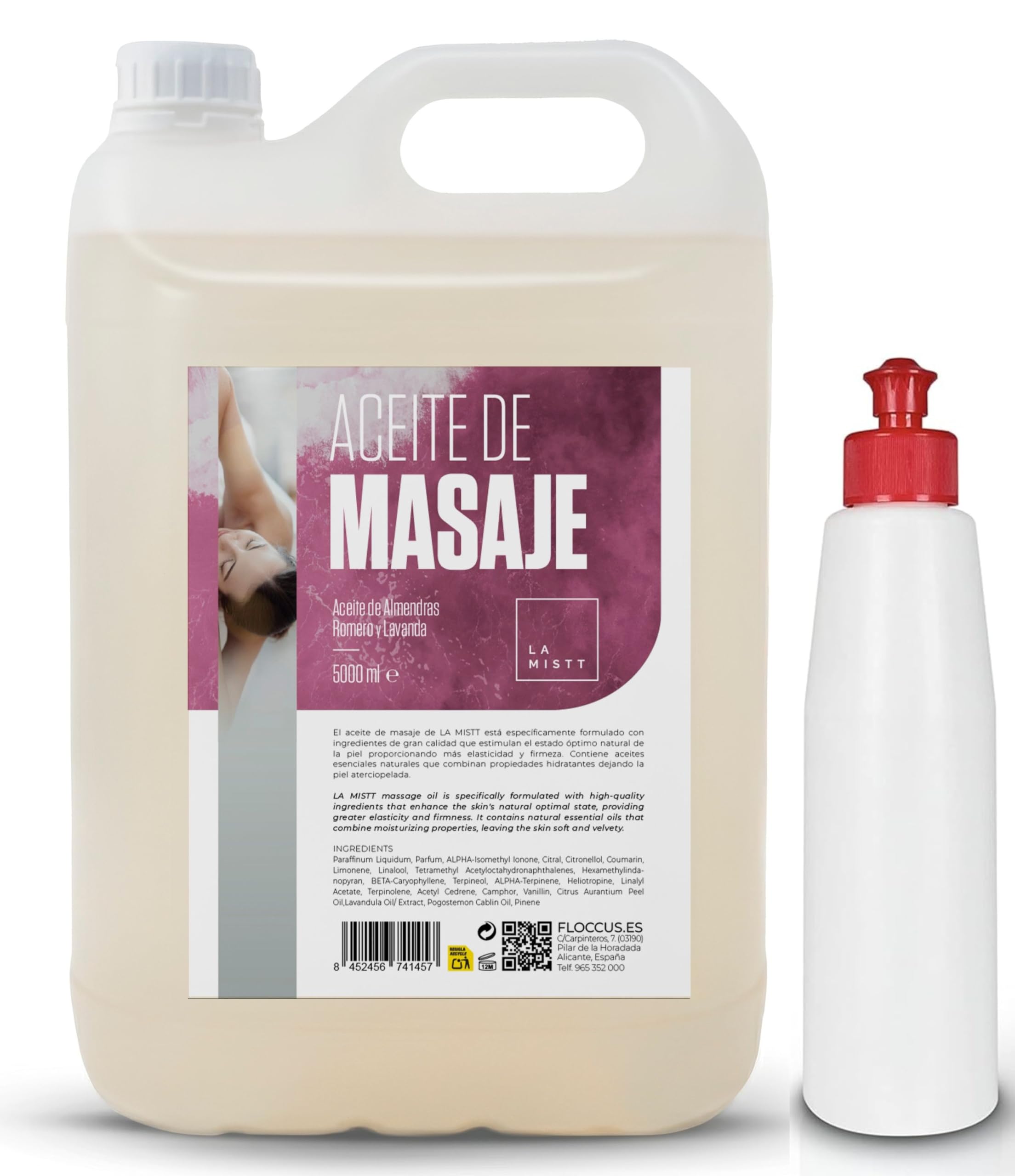 Olio di Massaggio Professionale 5L + Bottiglia ricaricabile 250 ml | Olio di Mandorle Dolci, Rosmarino, Lavanda e Finocchio | Olio per il Corpo