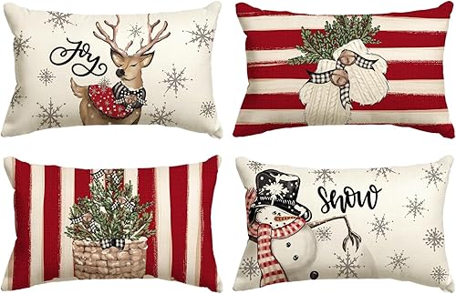 AVOIN colorlife Juego de 4 fundas de almohada de Navidad, muñeco de nieve, reno, eucalipto, color rojo, 12 x 20 pulgadas, diseño de rayas de
