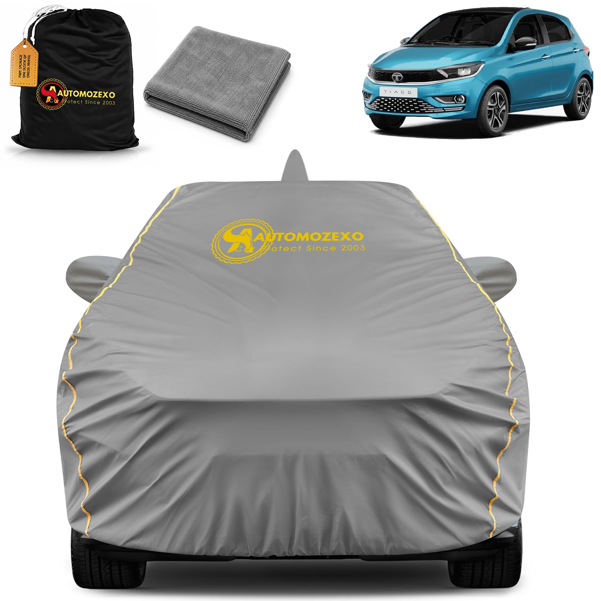 AUTOMOZEXO Tata Tiago Car Cover for All Weather Protection with Mirror & Antena Pocket Inner Cotton Layer Triple Stitched Waterproof Adjustable Belt Bottom Elastic Secure Fit Tiago All Modles (Grey)-image-44