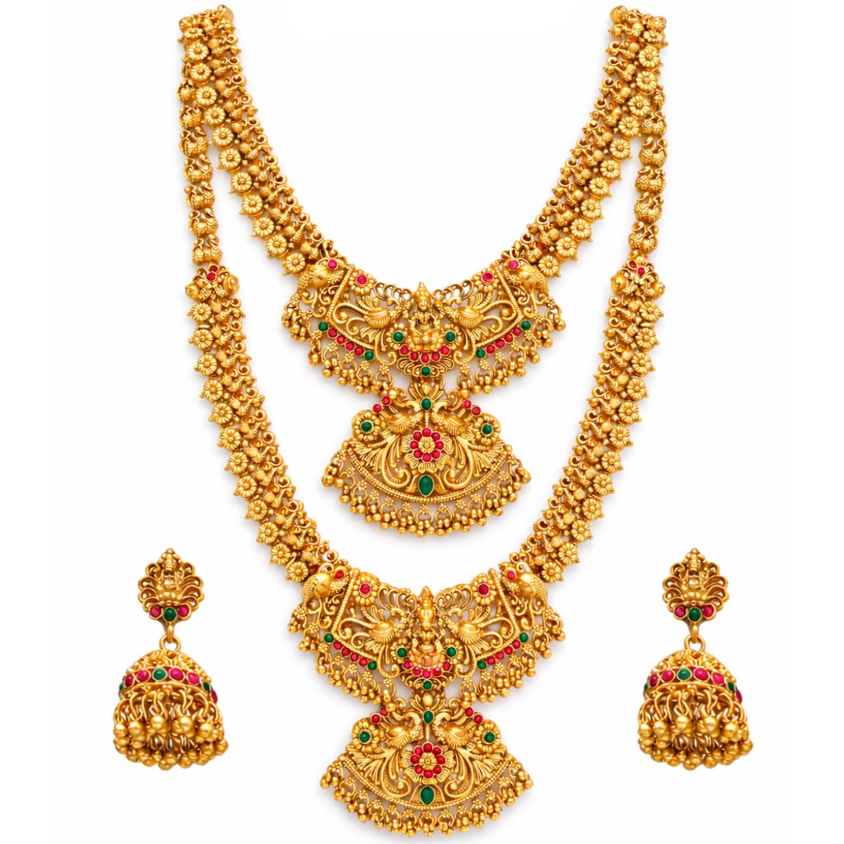 Traditional Temple Jewelry Necklace Set for Women – South Indian Bridal Long Haram & Short Necklace Combo with Jhumka Earrings | Antique Gold Plated Lakshmi Peacock Design | Ruby Green Stone Wedding Jewellery Set-image-38