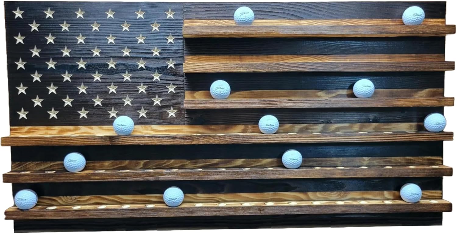 Charred Natural Wooden American Flag Golf Ball Display, Holds 87 Balls, Gift for All Golfers, Custom Handmade Quality, Made in Texas