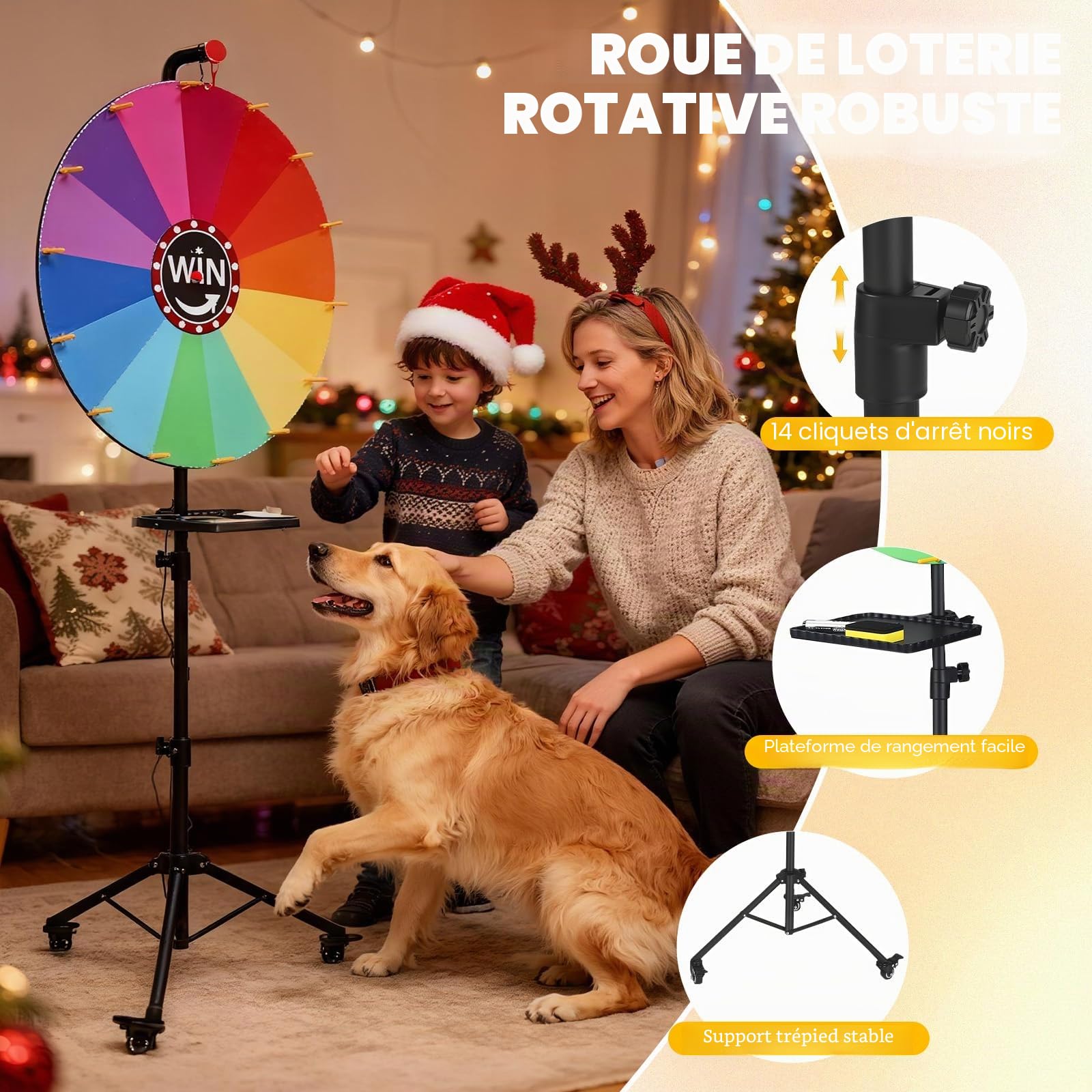 Grande roue porte-bonheur de 60 cm à tourner - Roue porte-bonheur pour créer des dauphins - Avec roulettes pivotantes à 360° - 14 niveaux de prix de couleur réglables - Support réglable de 90
