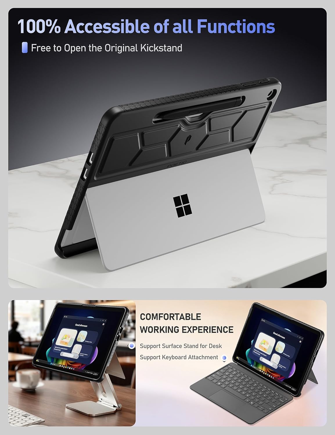Poetic TurtleSkin Series Case for Microsoft Surface Pro 12-inch 1st Edition (2025 Release) with Back Pen Holder, All-in-One Protective Rugged Cover Compatible with Type Cover Keyboard, Black