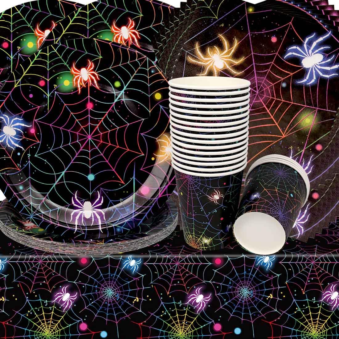 Stoviglie per Feste Halloween,Doyomtoy Ragno Compleanno Decorazioni Piatti di Compleanno, Tazze, Tovaglioli per Bambini Halloween Ragno Decorazioni 20 Ospiti