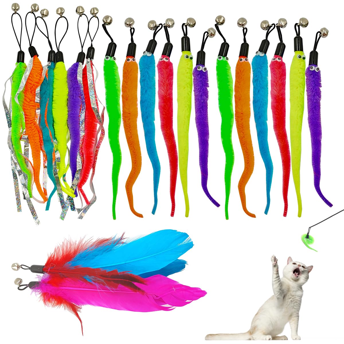DLAND Cat Worm Toy Refill Cat Toycat Feather Toy Replacement Cat Wand Refill (20pcs)