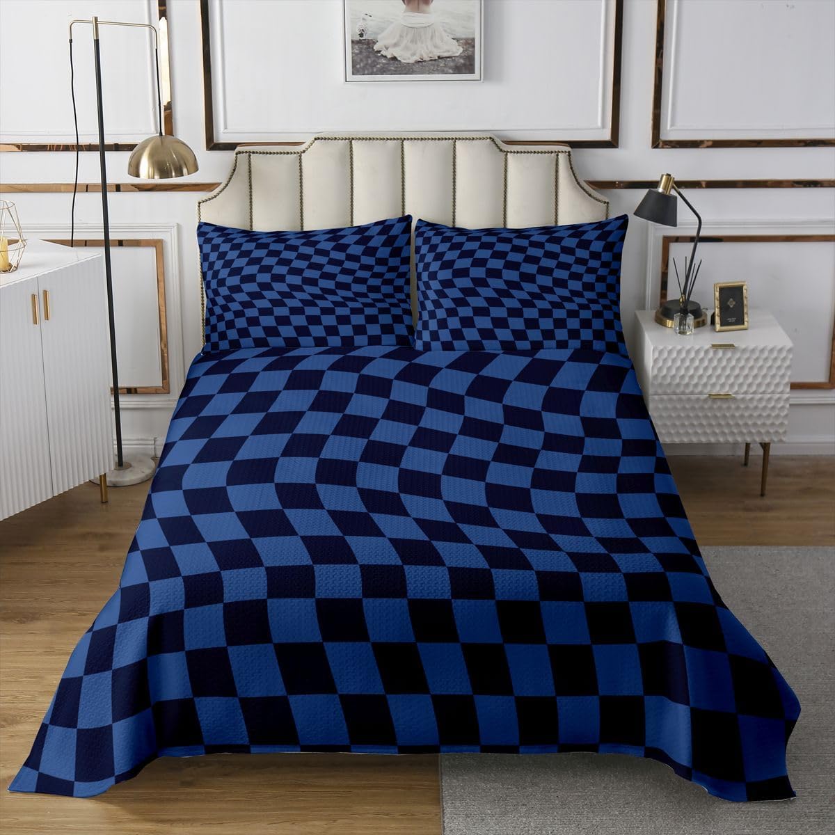 Castle Fairy Dark Navy Blue Plaid Bedspread Queen Size,Checkered Grid Quilt Sets 3Pcs for Kids Teens Youth Room Decor,Checkered Grid Bedding Sets Modern Down Comforter,2 Pillowcases